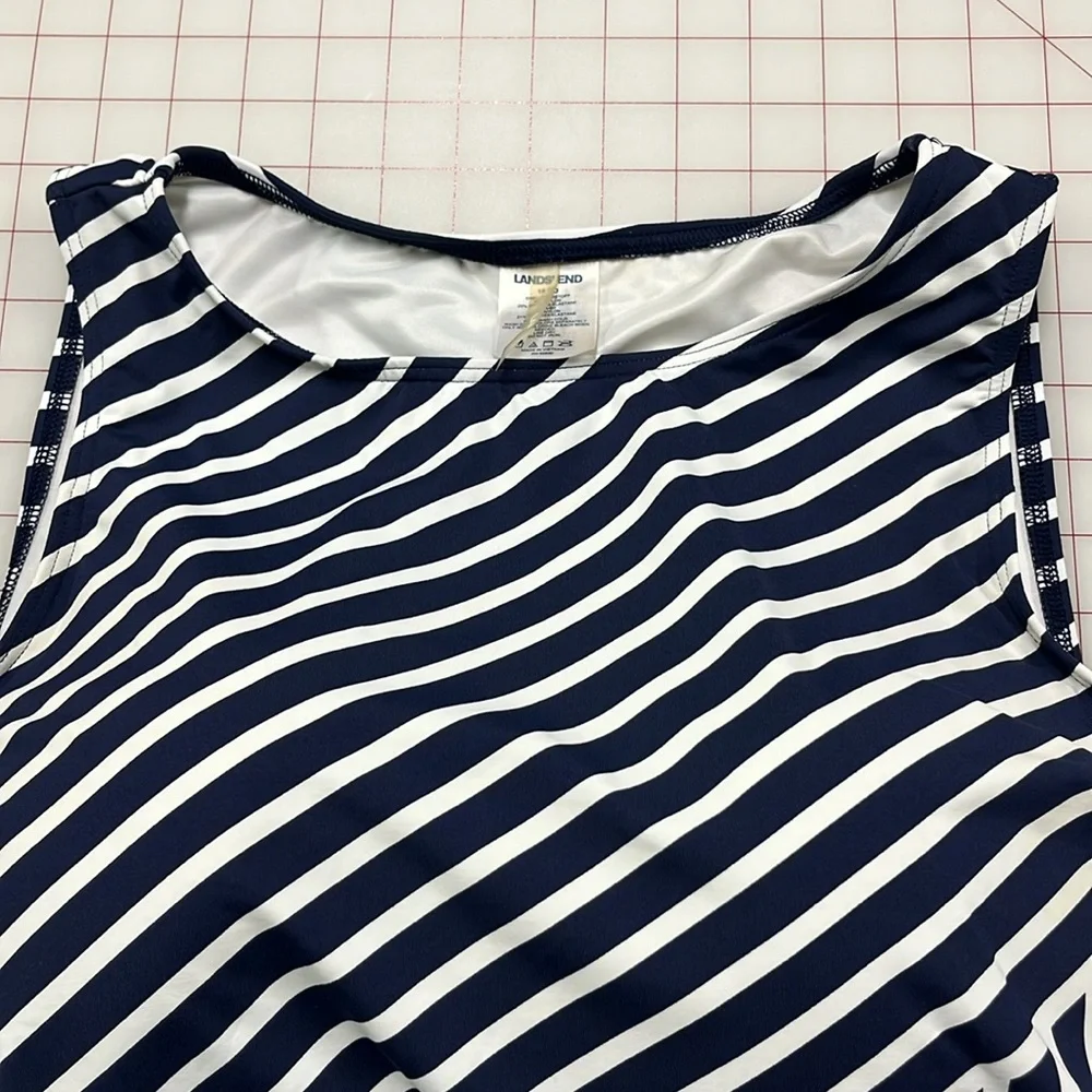 LAND'S END Navy/WHT Stripe High Neck Modest/Full Coverage Tankini Swim Top 16DD